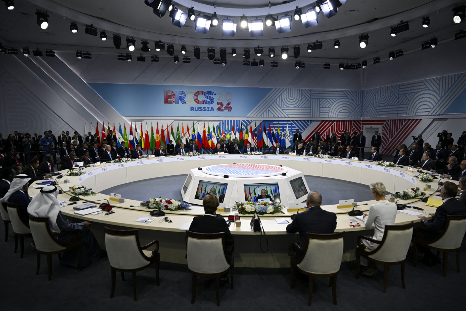 Russia's President Vladimir Putin gives a speech during the extended format meeting of the BRICS summit in Kazan on Oct. 23, 2024. (AFP Photo)