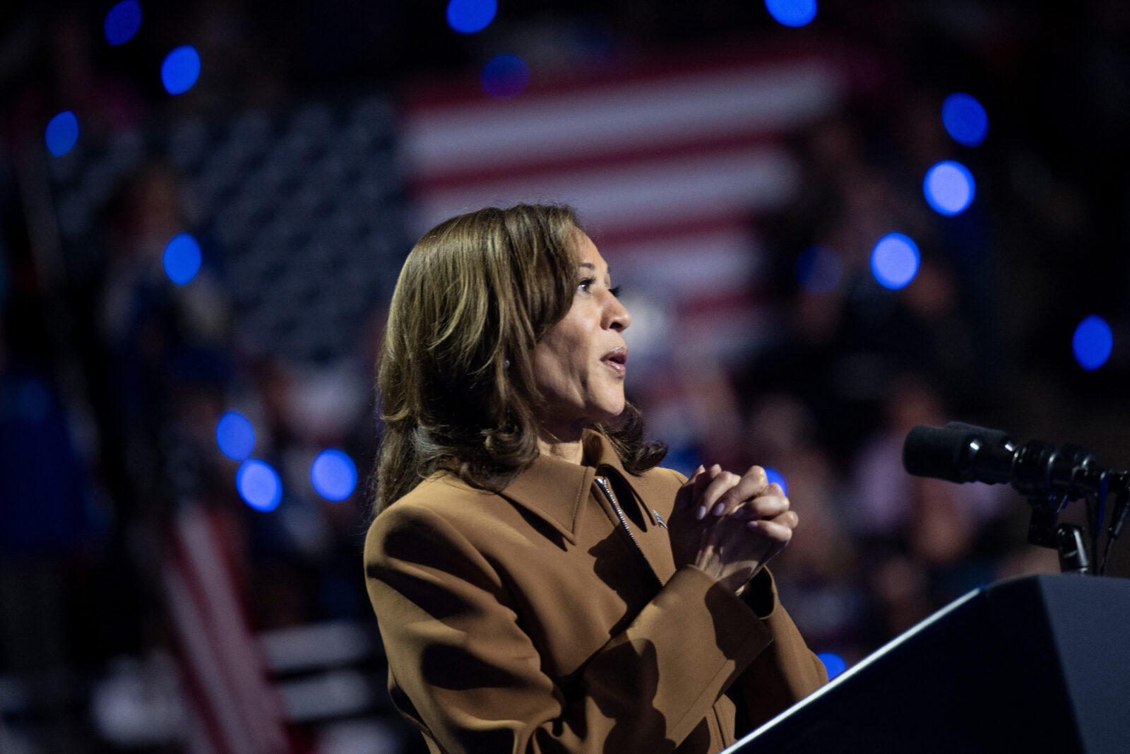 U.S. Vice President and Democratic presidential candidate Kamala Harris speaks during a campaign rally at the Wings Event Center in Kalamazoo, Michigan, Oct. 26, 2024. (Photo by Brendan Smialowski / AFP)