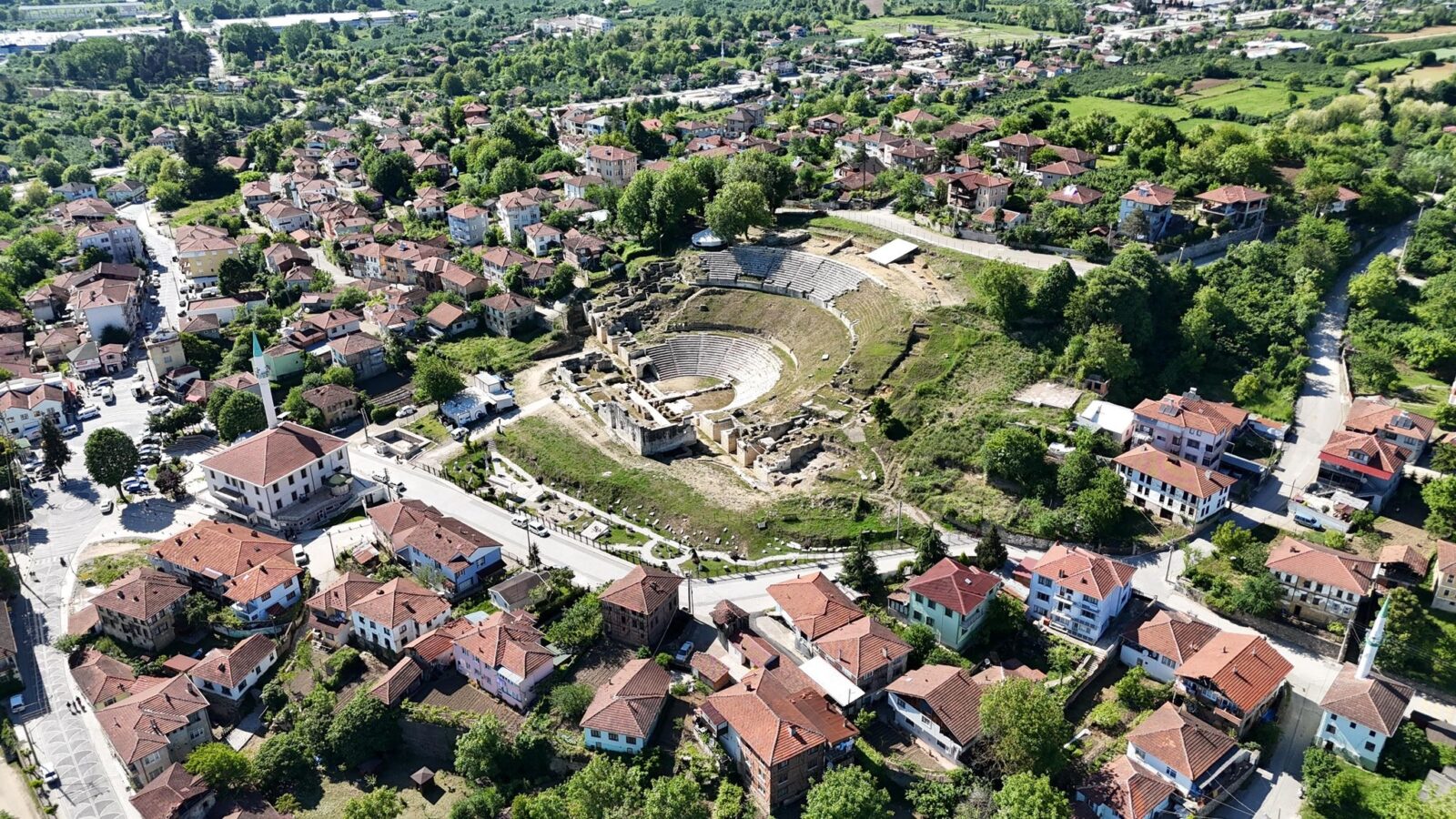 Aerial view of the Roman-era theater in the ancient city of Prusias ad Hypium, Duzce, Türkiye, 2023. (IHA Photo)