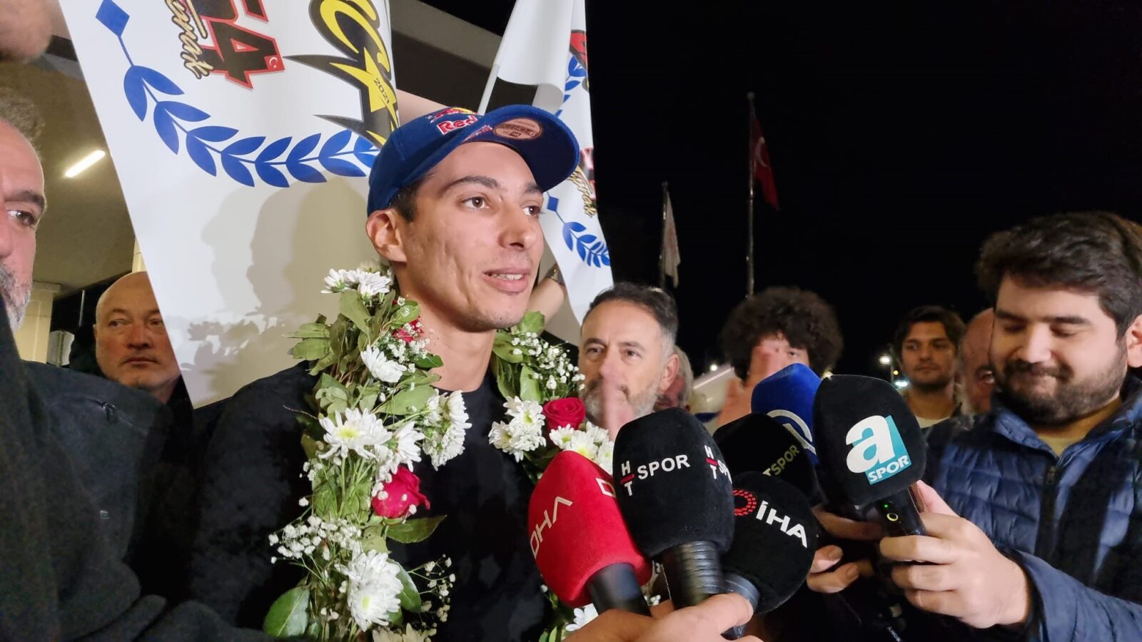 Toprak Razgatlioglu speaks to the press during a welcome ceremony in Istanbul, Türkiye, Oct. 21, 2024. (IHA Photo)