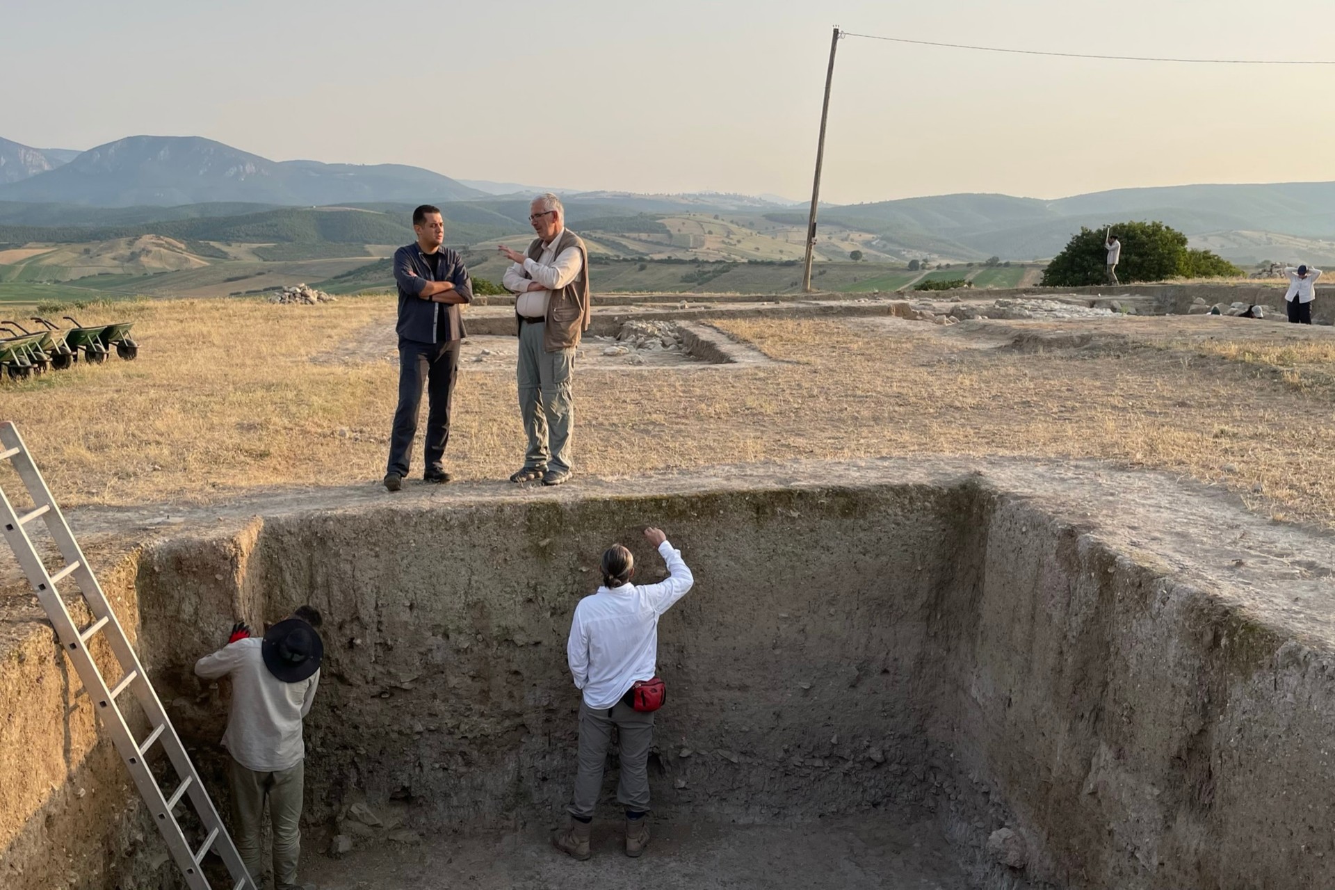 Head of Oymaagac Hoyuk Excavation, Professor Rainer M. Czichon (standing right), and Murat Baslar (standing left), Samsun, Türkiye, 2023. (Photo via Koray Erdogan/Türkiye Today)