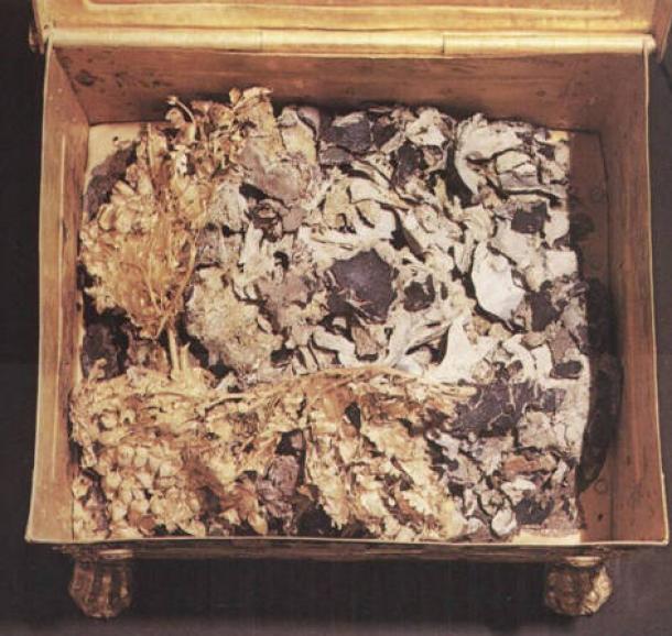 Male bones and textile fragments discovered in Tomb II that are believed to be pieces of the tunic of Alexander the Great. (Photo via Theodore G. Antikas et al.)