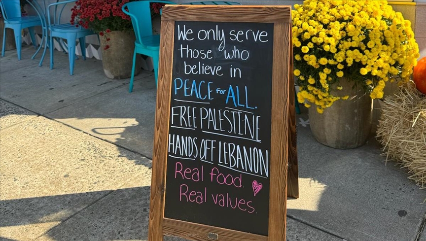 A sign outside Turkish Baklava Lady’s bakery in Englishtown stirs both support and controversy in the community, United States, October 29, 2024. (AA Photo)