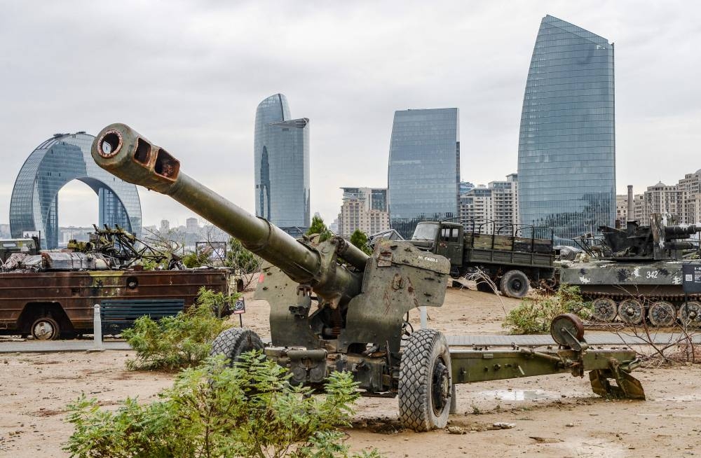 Captured Armenian arms are displayed at a memorial exhibition in Baku, Azerbaijan. (AFP Photo)