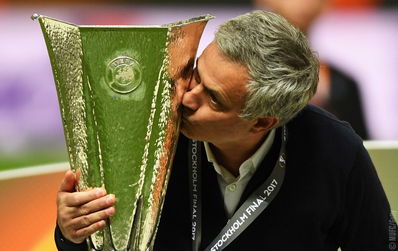 Then Manchester United head coach Jose Mourinho kisses the EUFA Europa League trophy after the final match against Ajax, Friends Arena, Solna, Stockholm, May 24, 2017 (Man. Unt. via X)