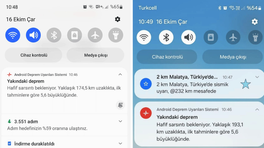Screenshots of alerts received by users of Android-powered phones during the Malatya earthquake, Oct. 17, 2024. (Photo via Türkiye Gazetesi)