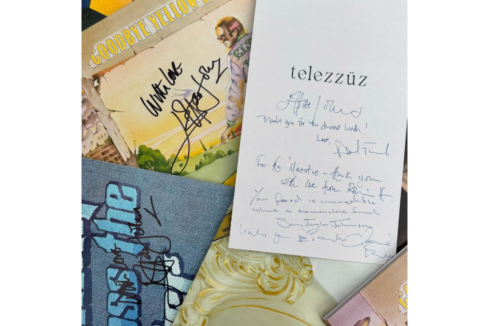 Sir Elton John signed memorabilia, including a personal note for the staff of Telezzuz, following his lunch at the restaurant in Istanbul, Türkiye, Oct. 17, 2024. (Photo via Instagram / @telezzuz.ist)