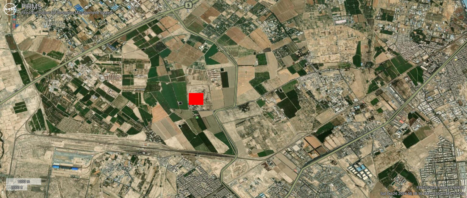 NASA's Fire Information for Resource Management System shows fire in Iranian air defense facility. 