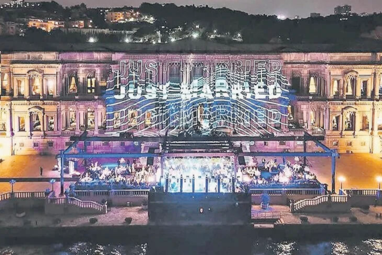 The exterior of the venue hosting the wedding on Bosphorus, illuminated with 