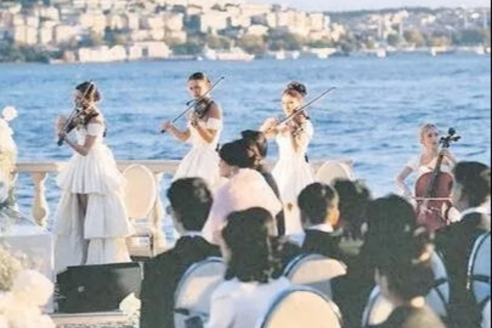 Musicians perform at the waterfront ceremony of Adelle Odelia Tanuri and Phillip Tjipto’s wedding on the Bosphorus in Istanbul, Türkiye, Oct. 26, 2024. (Photo via Türkiye Gazetesi)