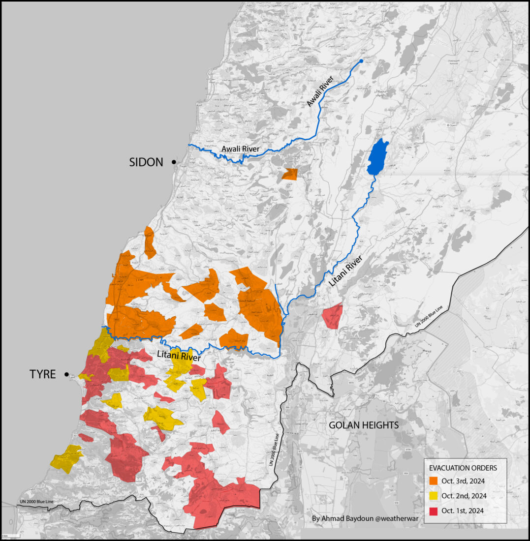 Overview of Israeli military evacuation orders in South Lebanon, highlighting areas affected by previous directives. (Map by A. Baydoun via X)