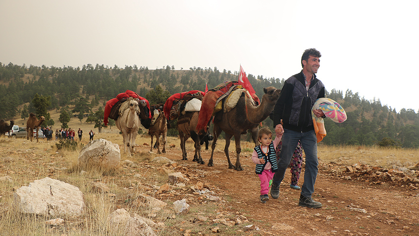 A Sarikecili Yoruk family leads their camels through the Taurus Mountains in Konya during their seasonal migration to Mersin, Türkiye, Oct 17,. 2018. (AA Photo)