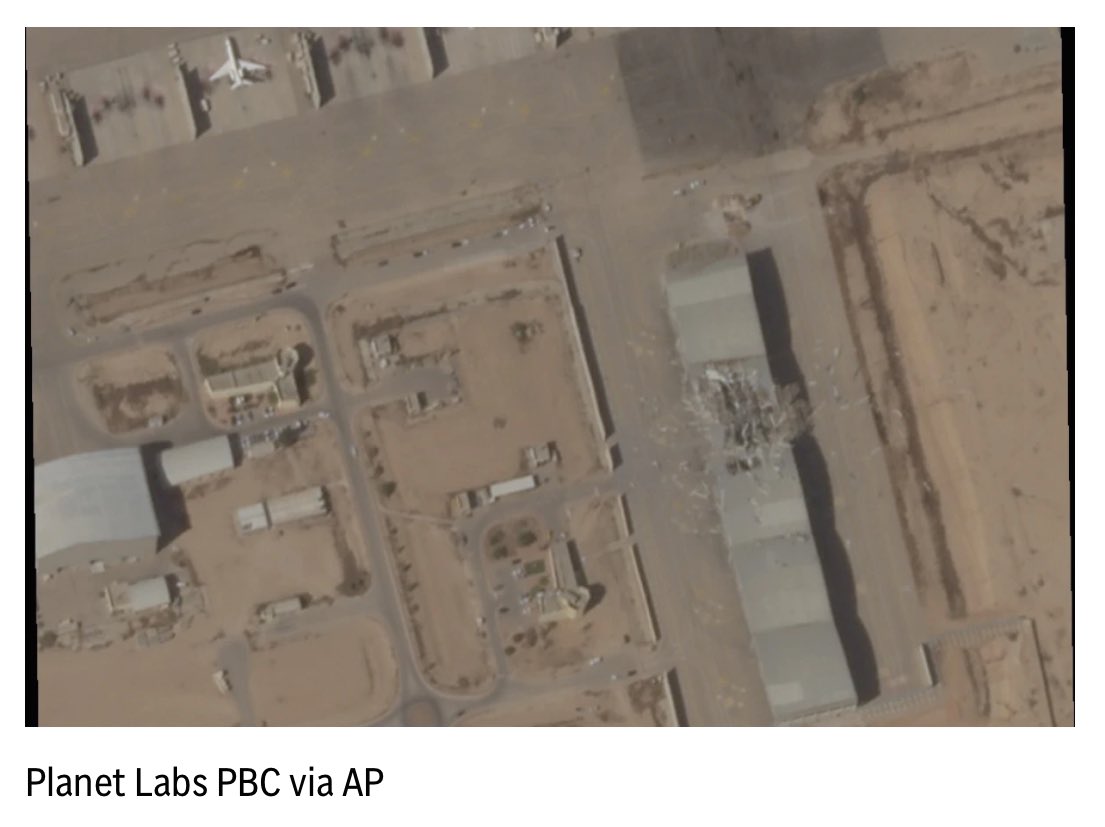 This satellite image taken by Planet Labs PBC shows a damaged hangar at Israel's Nevatim airbase, on Wednesday, 2 October. Photograph: AP