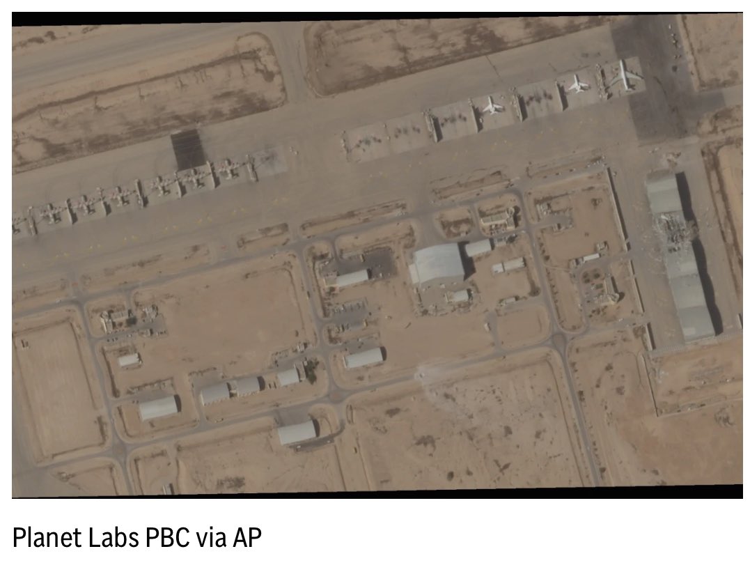 This satellite image taken by Planet Labs PBC shows a damaged hangar at Israel's Nevatim airbase, on Wednesday, 2 October. Photograph: AP