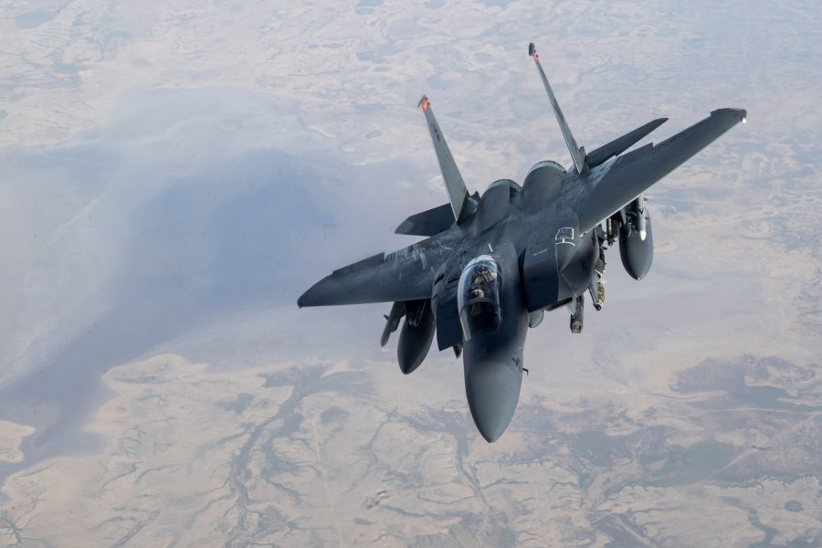A U.S. Air Force F-15E Strike Eagle flies over Iraq on March 11, 2020. (Air Force photo by Tech. Sgt. Matthew Lotz)