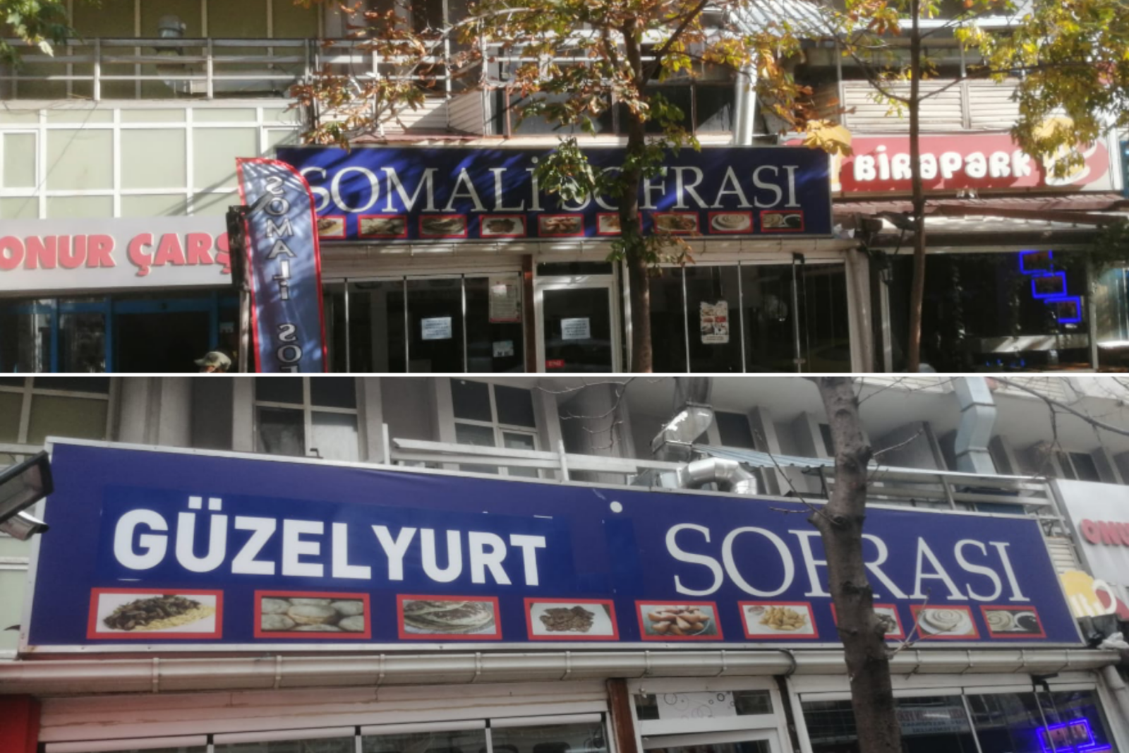 The progression from Somali Sofrasi to Guzelyurt Sofrasi, showcasing the multiple rebranding the restaurant undertook to comply with regulations, Ankara, Türkiye.( Photo Mohamed Isa Abdullahi)