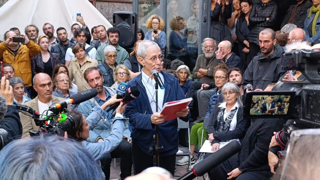 Acik Radio (Open Radio) co-founder Omer Madra gives a statement after the radio got shut down, November 16, 2024. (Photo via Youtube)