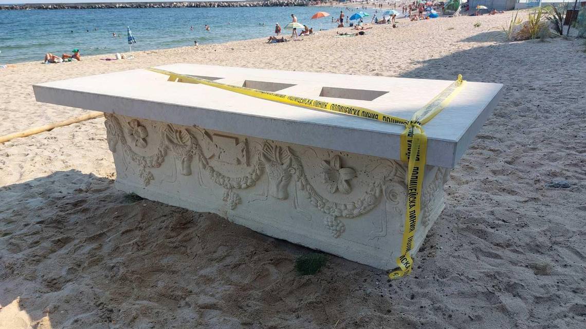 A tourist noticed an old-looking table at a bar in Varna later identified by archaeologists as a 1,700-year-old Roman coffin. (Photo via Bulgaria's Ministry of Interior)