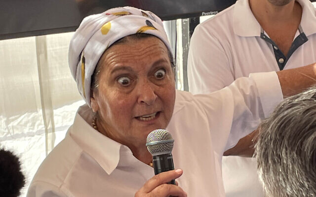 Daniella Weiss, head of the Nachala Settlement Movement organization, responds to questions during a press conference at an event to promote the establishment of Jewish settlements in Gaza, Oct. 21, 2024. (Times of Israel)