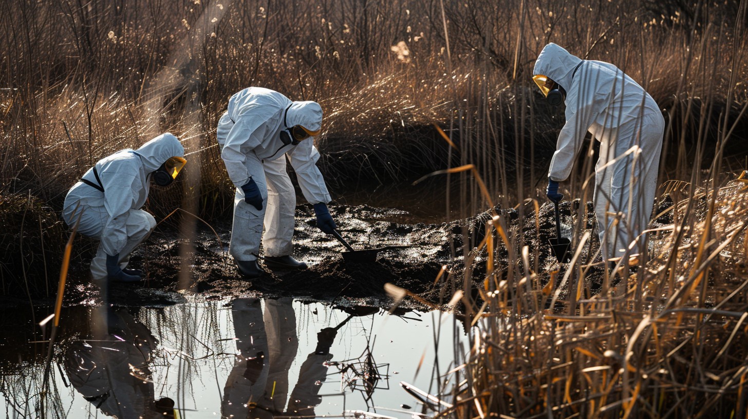 Cleanup workers lay down absorbent sheets to clean bird sanctuary Pralls Island between Linden, New Jersey and Staten Island, New York, US. (AP Photo)