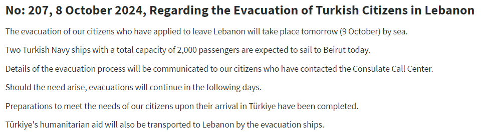 Statement from Turkish Ministry of Foreign Affairs, Regarding the Evacuation of Turkish Citizens in Lebanon Oct. 8, 2024