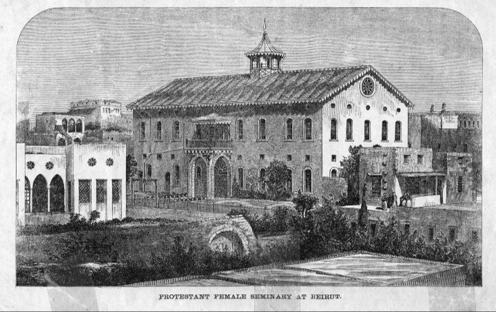 Grayscale photo of the Beirut Missionary School for Girls, Beirut, Lebanon. (Photo via Türkiye Newspaper)