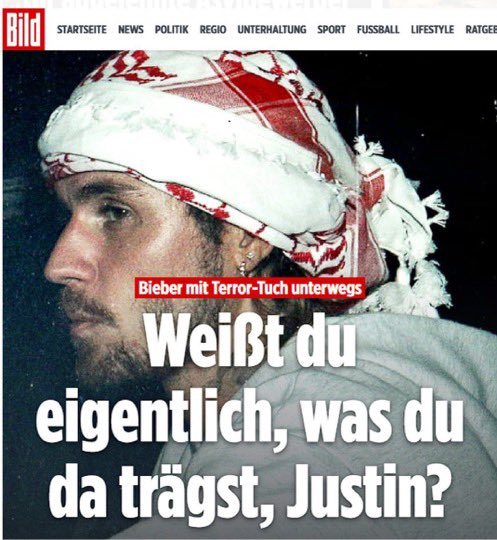 Screenshot of the Bild's Justin Bieber with the keffiyeh, a traditional Middle Eastern scarf on his head news (@antiimperialo via X)