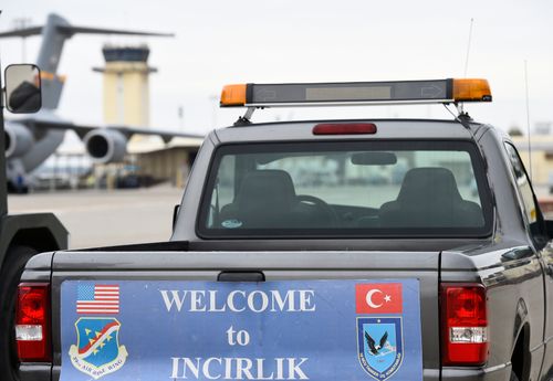 A service vehicle with a sign reading 'Welcome to Incirlik' is pictured at the air base in Incirlik, Türkiye, January 21, 2016. (Reuters)