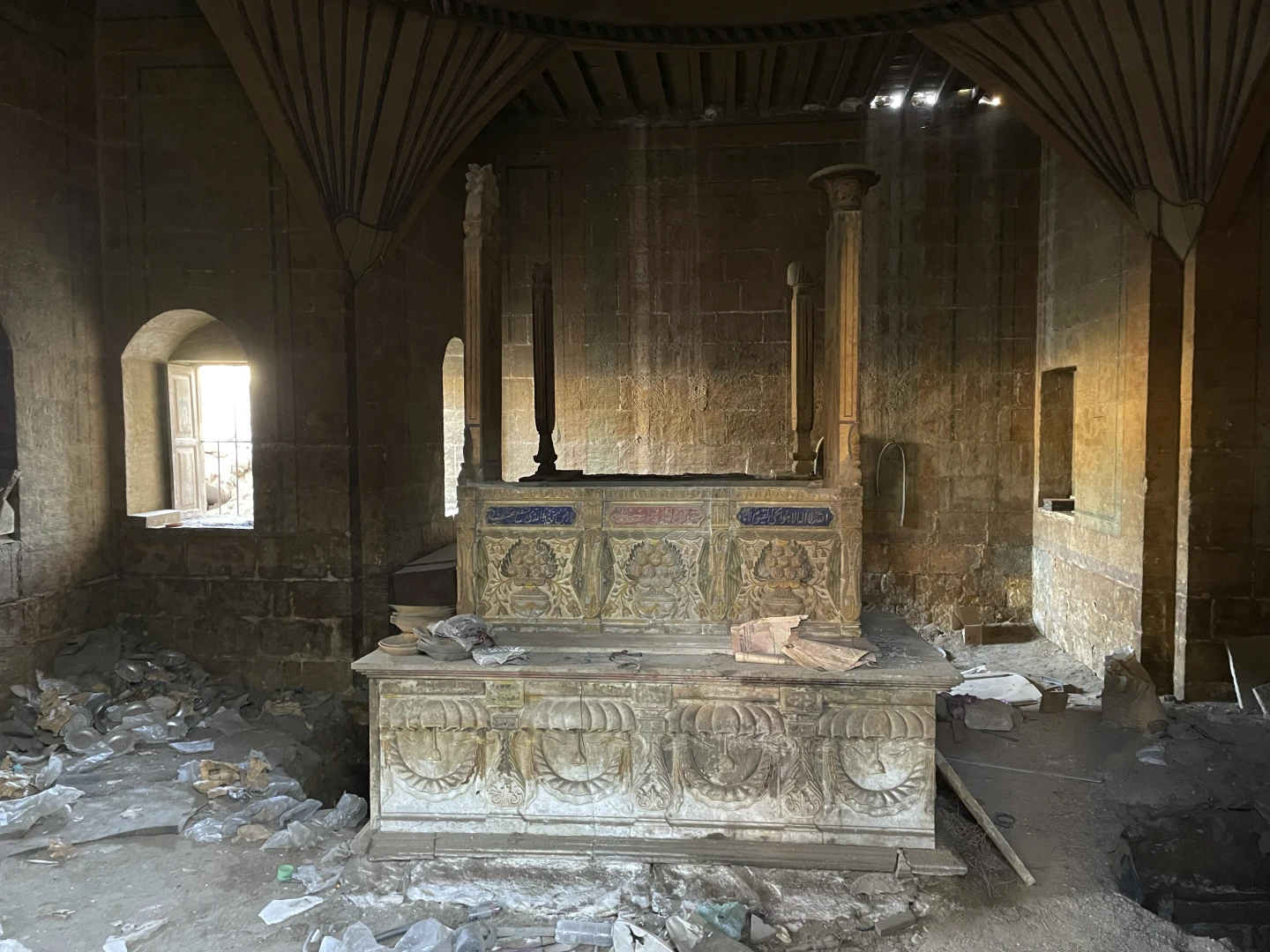 A carved and decorated grave marker threatened with demolition is seen at the tomb of Gulzar and Hussein Basha, from the mid-1800s in Cairo's historic City of the Dead, Egypt, Sept. 1, 2023. (AP Photo)