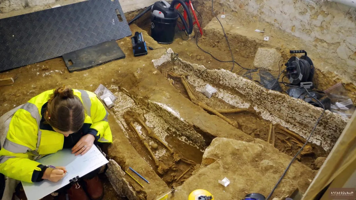 Archaeologists have since uncovered 38 skeletons in the basement, with burials ranging from the third century to the 10th century, Paris, France, October 9, 2024. (Photo via Archeodunum)
