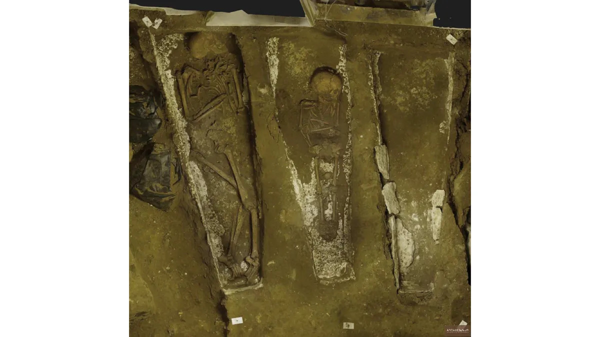 A significant number of the graves belong to the Merovingian period, between the fifth and eighth centuries, where the deceased were buried in plaster sarcophagi, Paris, France, October 9, 2024. (Photo via Archeodunum)