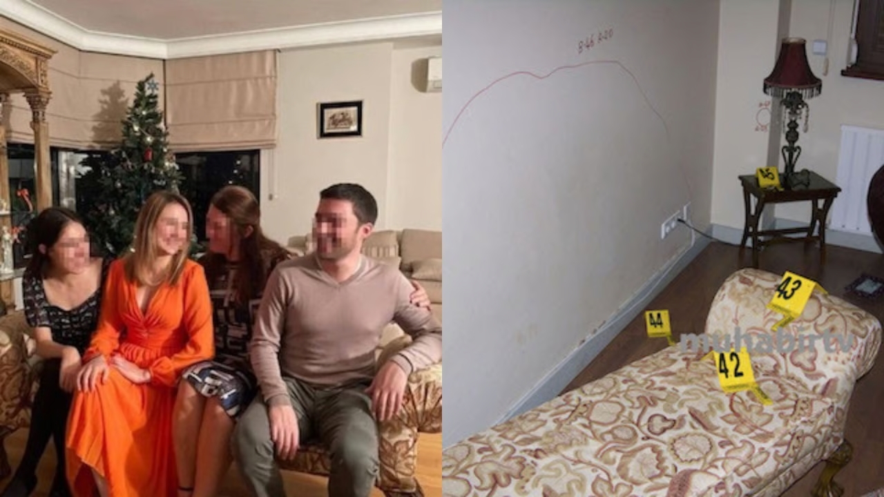 The couch from Garipoglu’s home, where Munevver Karabulut’s DNA was found, pictured alongside a photo of Garipoglu’s family posing on the same couch years later, July 11, 2011. (Photo via X)