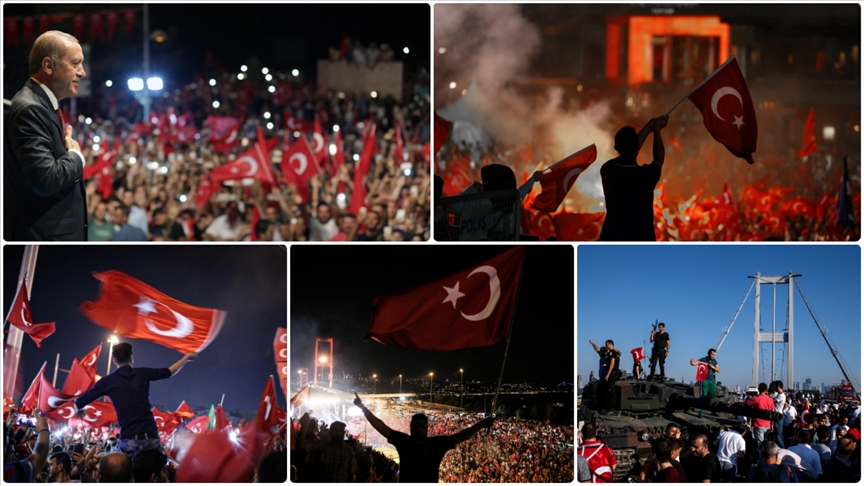 On July 15, 2016, citizens armed with Turkish flags united to resist FETO terrorists and protect their democracy, confronting tanks on the Istanbul bridge. (AA Photo)