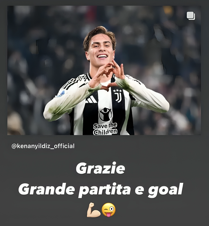 Alessandro Del Piero takes to social media to praise Yildiz, sharing a photo of the young forward and writing, 