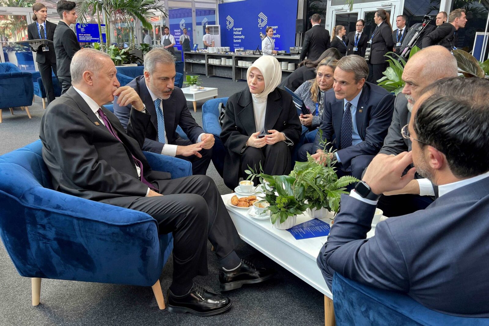 President Recep Tayyip Erdogan, FM Hakan Fidan, Albanian PM Edi Rama and Greek PM Kyriakos Mitsotakis during the European Political Community summit in Budapest (AA Photo)