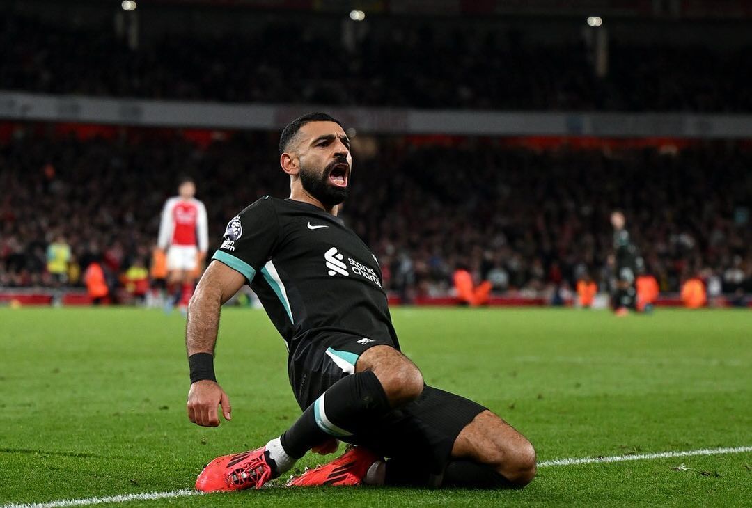 Mohamed Salah celebrates after scoring in Liverpool's 2-2 draw against Arsenal at Emirates Stadium, London, United Kingdon, October 27, 2024. (Photo via Instagram / @mosalah)