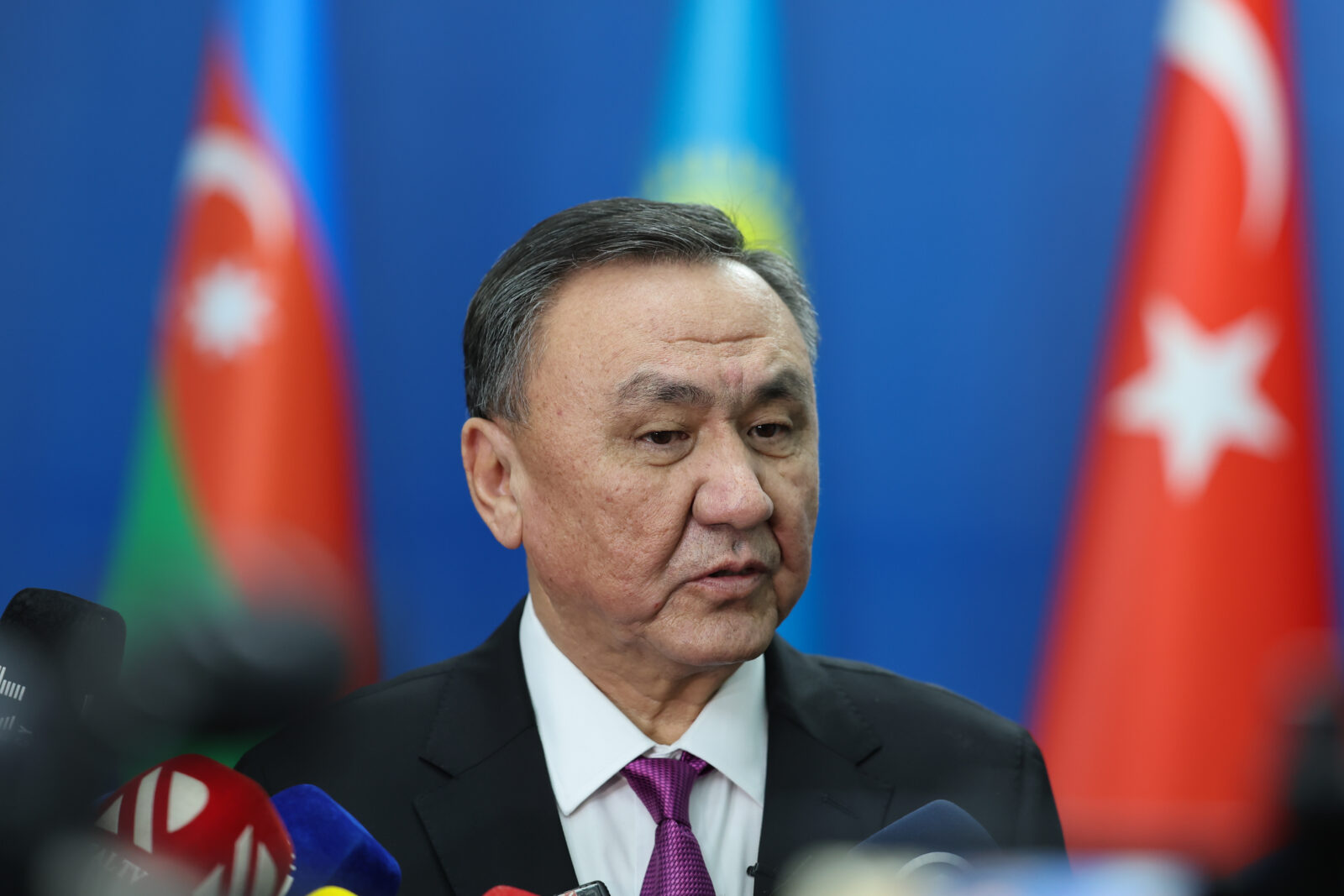 BISHKEK, KYRGYZSTAN - NOVEMBER 06: Secretary-General of the Organization of Turkic States, Kubanychbek Omuraliev speaks to the press at the Council of Foreign Ministers of the Organization of Turkic States (OTS) in Bishkek, Kyrgyzstan on November 06, 2024. ( Arda Küçükkaya - Anadolu Agency )<img src=