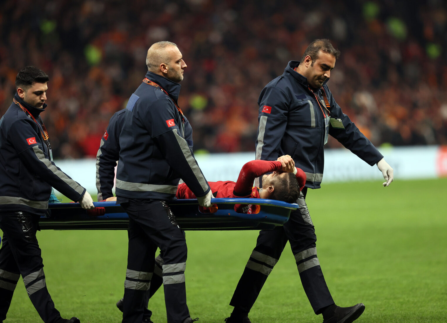 Mauro Icardi (9) of Galatasaray gets injured during the UEFA Europa League 4th week match between Galatasaray and Tottenham Hotspur at Ali Sami Yen Sports Complex in Istanbul, Türkiye, November 7, 2024. (AA Photo)