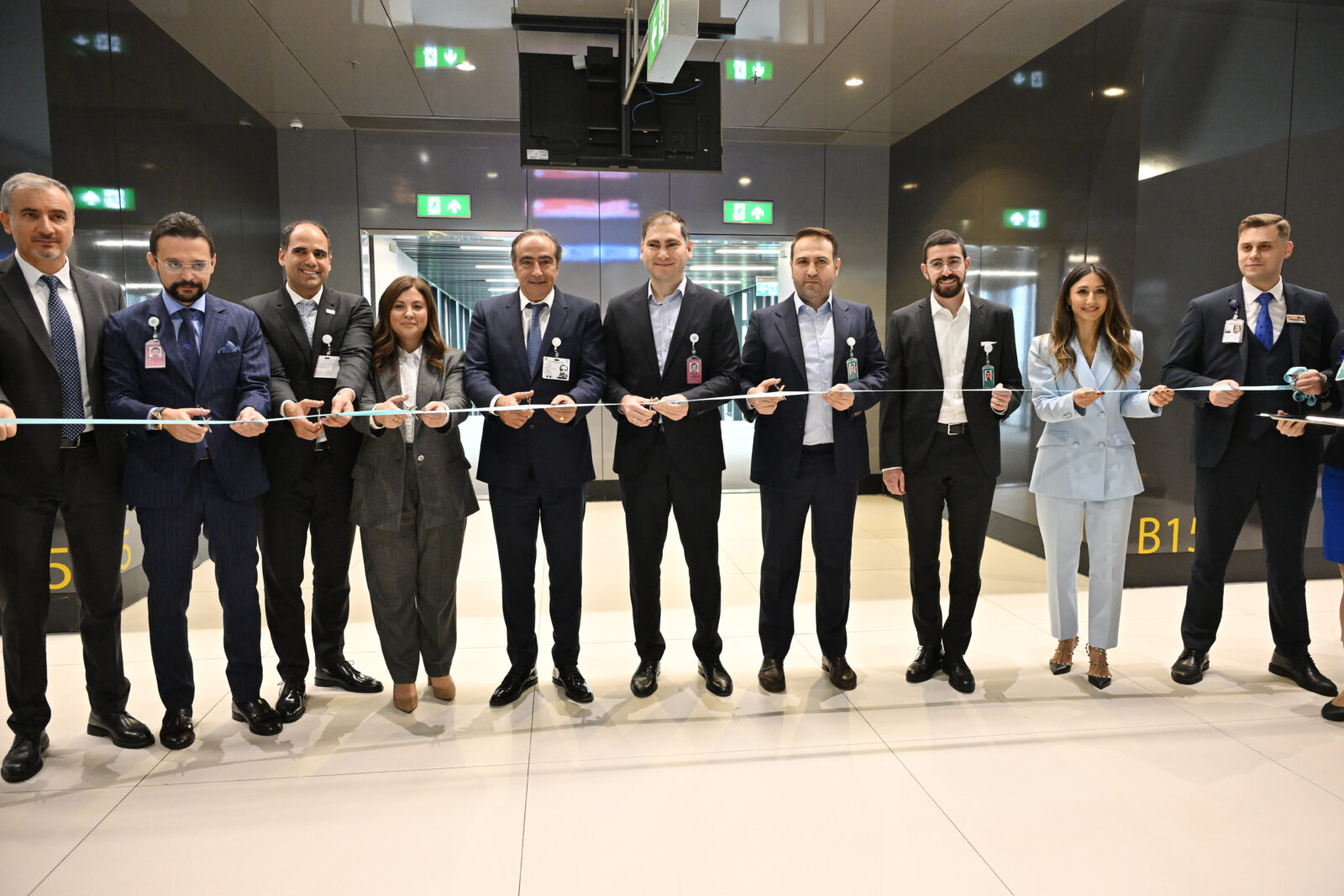 SKY Express marked its first Athens-Istanbul flight with a ceremony at Istanbul Airport, attended by IGA CEO Selahattin Bilgen (fifth from right) and SKY Express Chairman Ioannis Grylos (fifth from left), Istanbul, Türkiye, November 12, 2024. (AA Photo)