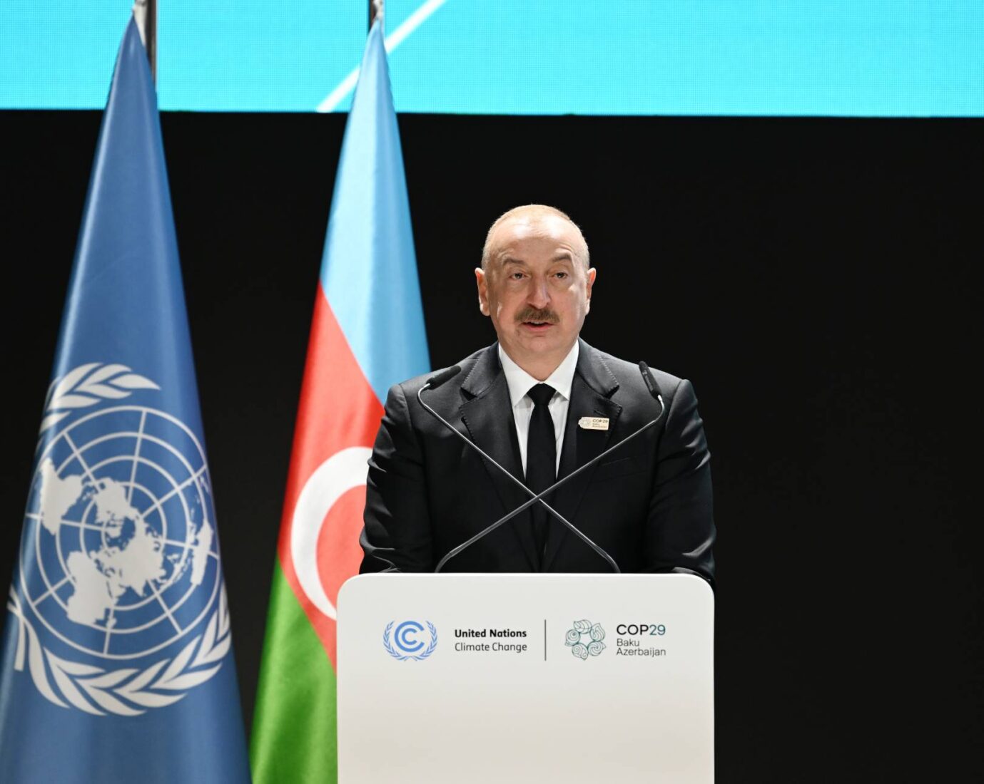 Azerbaijani President Ilham Aliyev makes a speech during the 29th UN Climate Change Conference (COP29)’s World Leaders’ Summit of the Small Islands Developing States on Climate Change in Baku, Azerbaijan, on Nov. 13, 2024. (AA Photo)