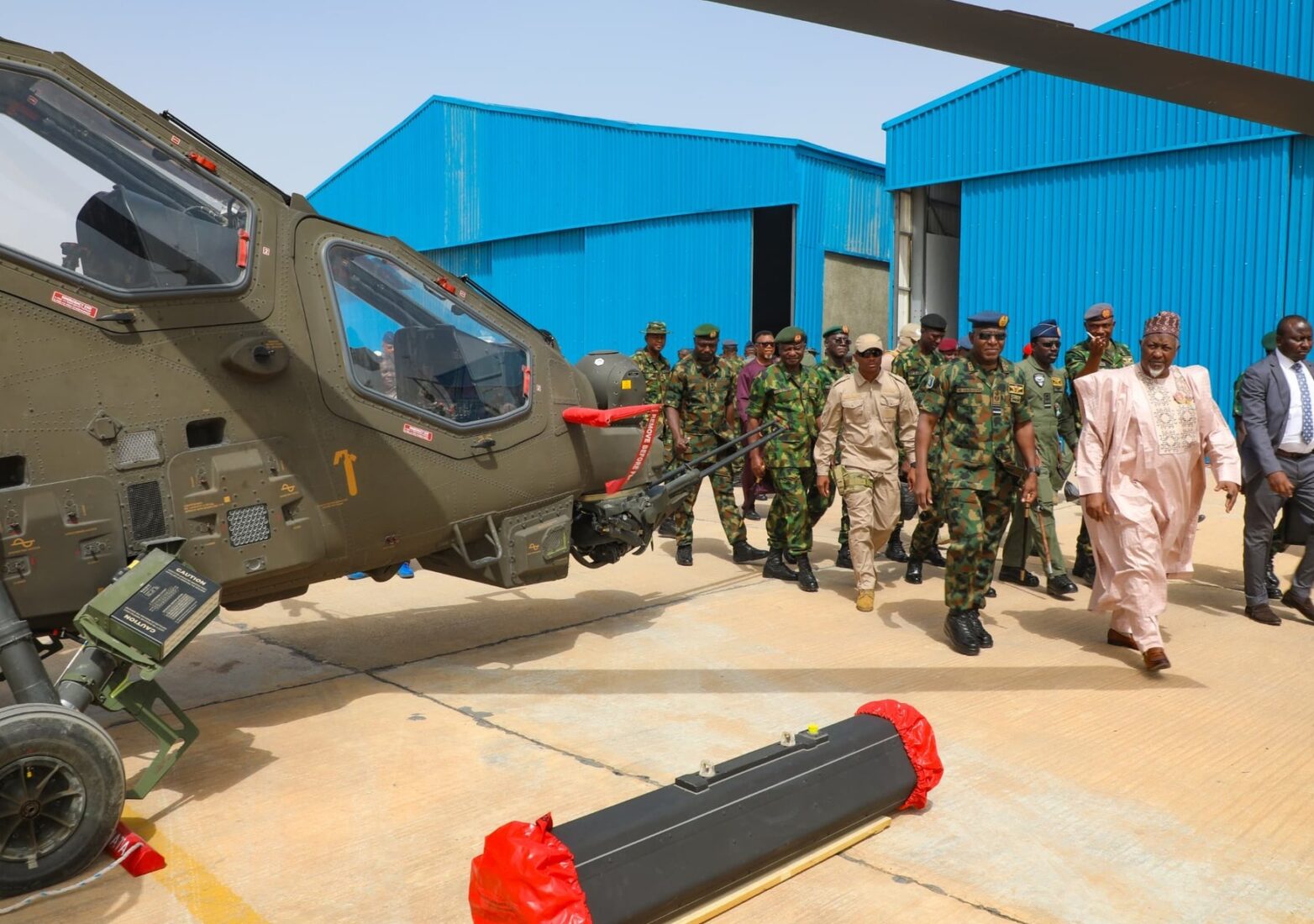 Nigeria's Minister of Defence, Mohammed Badaru Abubakar, attends a ceremony at the Nigerian Air Force (NAF) base in Katsina, marking the operational debut of the T129 ATAK attack helicopters, which were purchased from Türkiye and delivered in September<img src=