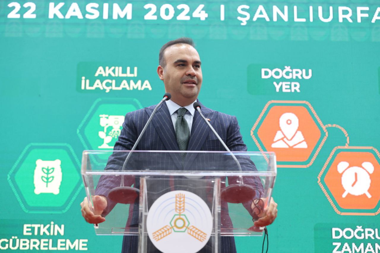 Minister of Industry and Technology Mehmet Fatih Kacir delivered a speech at the GAP Precision Agriculture Phase 2 Launch Ceremony held at the GAP Agricultural Research Institute in Sanliurfa, Türkiye, on Nov. 22, 2024. (AA Photo)