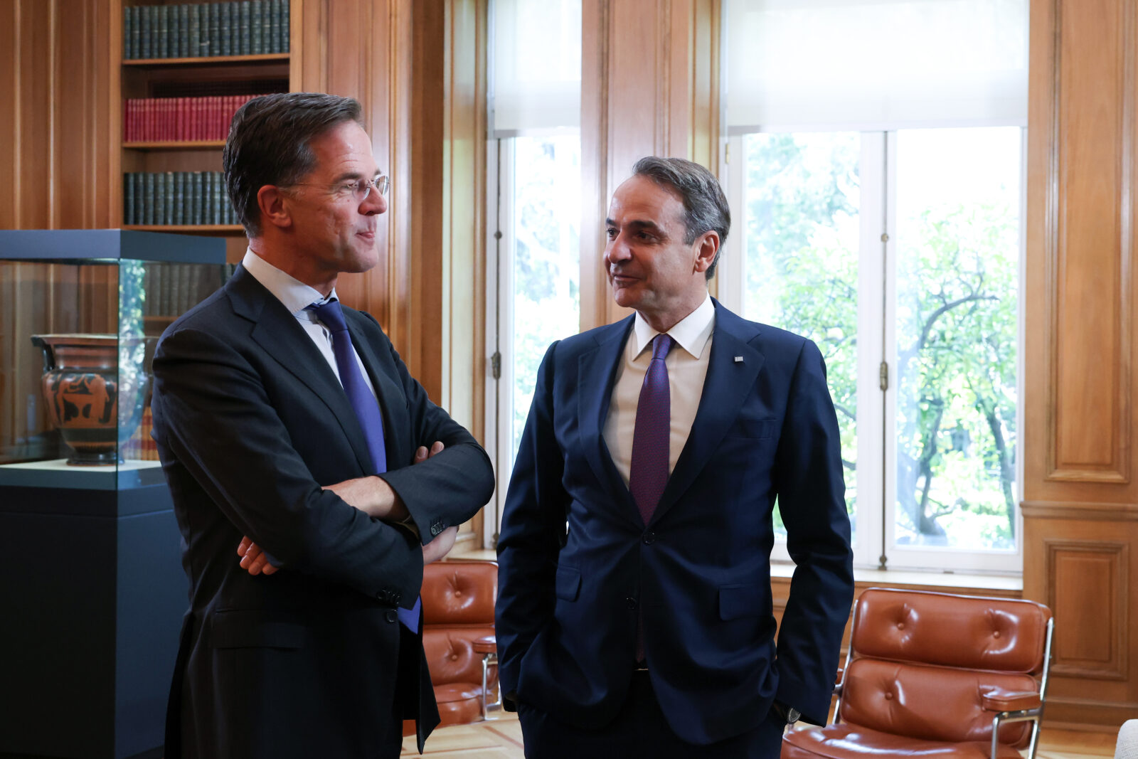 Greek Prime Minister Kyriakos Mitsotakis (R) meets with Secretary General of NATO Mark Rutte (L) at Maximos Mansion in Athens, Greece on Nov. 26, 2024. (AA Photo)