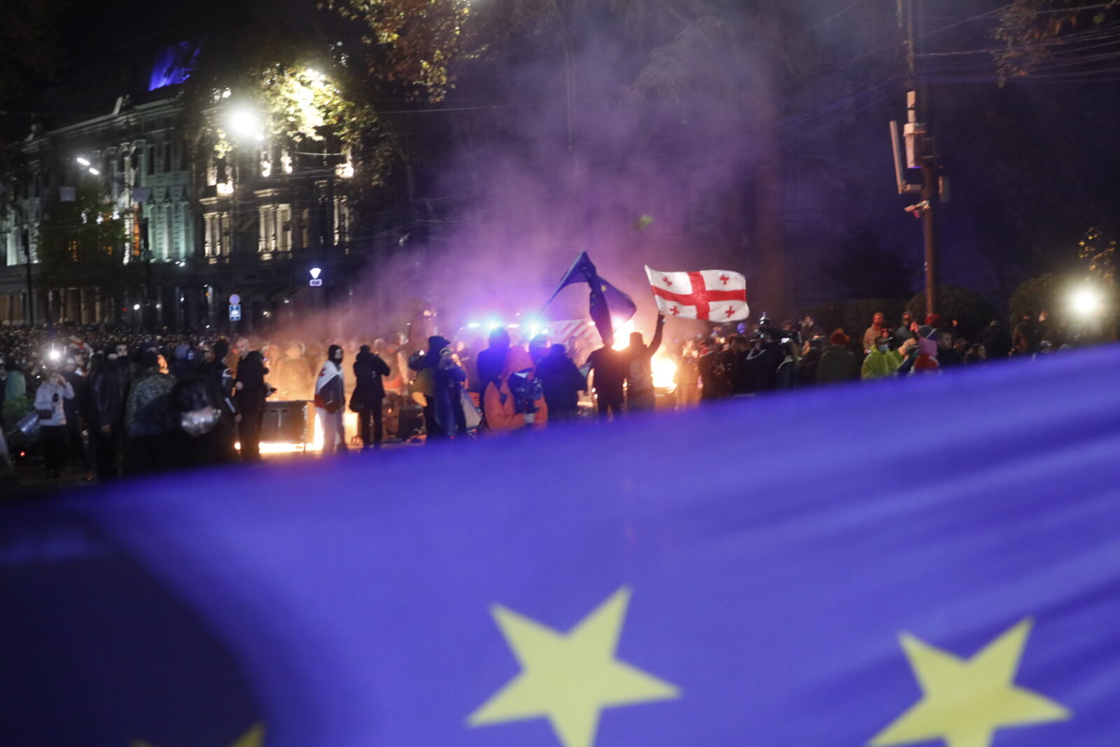 Georgian police deploy water cannons and tear gas to disperse protesters in Tbilisi, as tensions rise over the government's decision to delay EU accession talks until 2028, Nov. 29, 2024. (AA Photo)