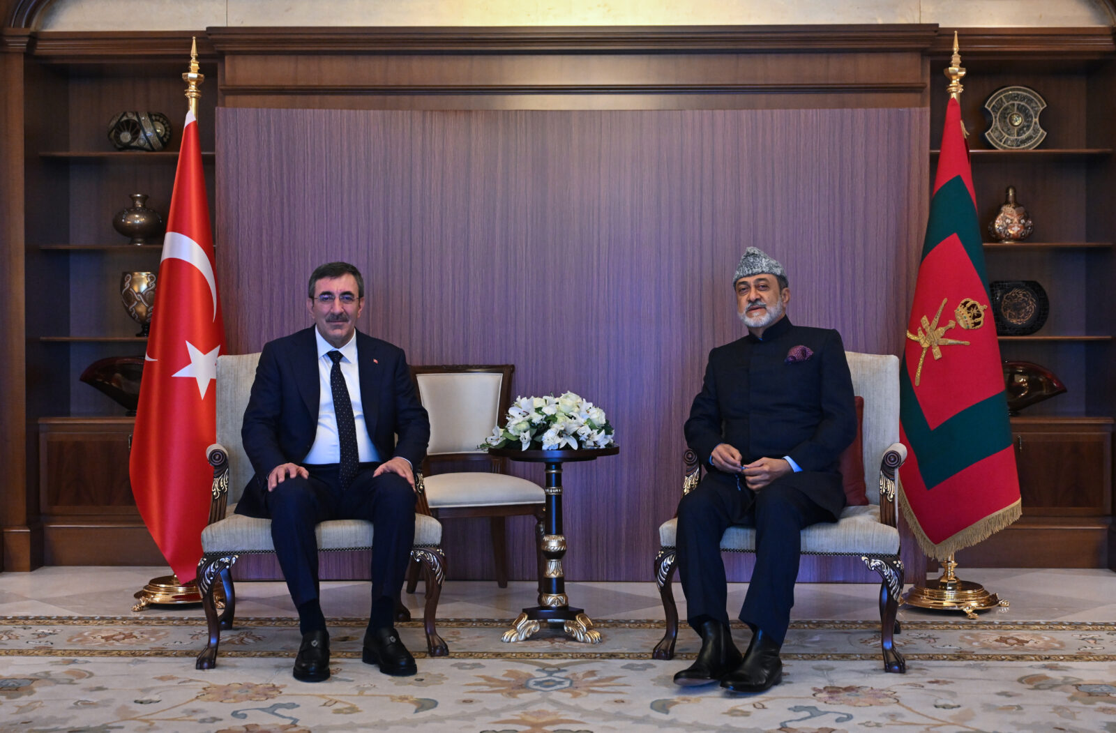 Turkish Vice President Cevdet Yilmaz (L) meets with Omani Sultan Haitham bin Tariq al Said (R) in Ankara, Türkiye on Nov. 29, 2024. (AA Photo)