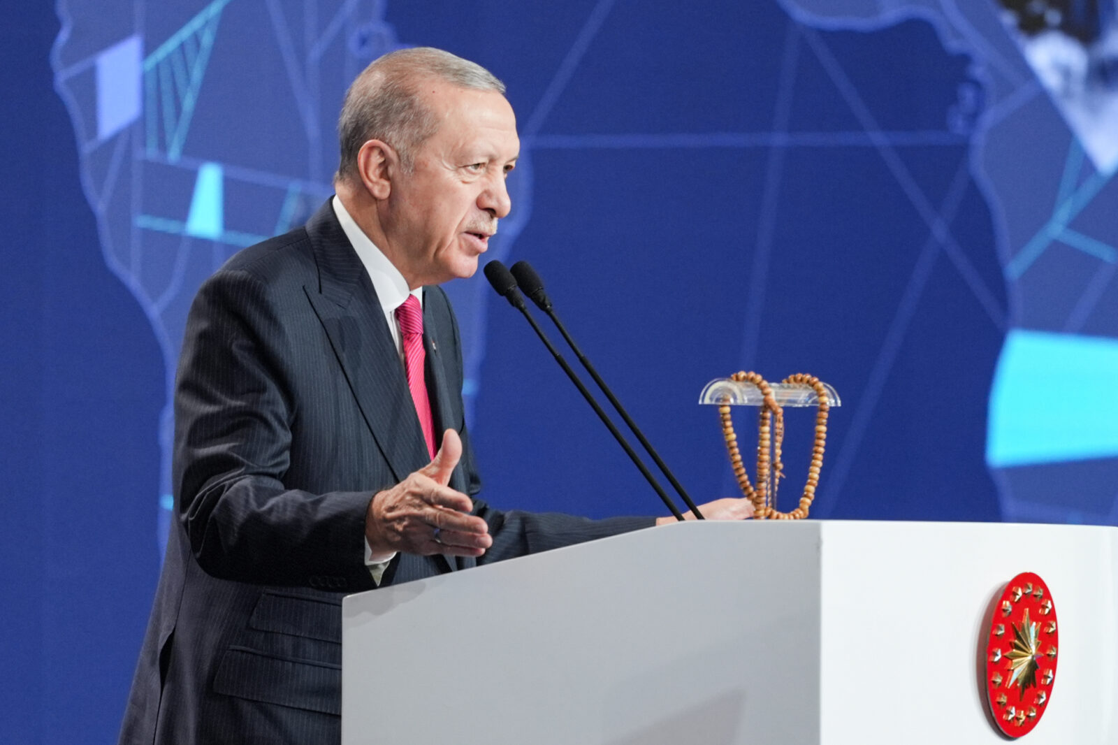 Turkish President Recep Tayyip Erdogan makes a speech during the TRT World Forum at Istanbul Congress Center in Istanbul, Turkiye, Nov. 29, 2024. (AA Photo)