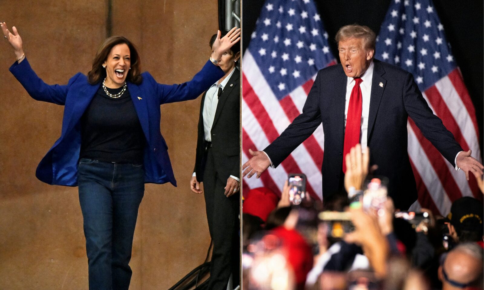 U.S. Vice President and Democratic presidential candidate Harris (L) at a campaign rally for the 2024 elections, and Republican presidential candidate and former U.S. President Trump (R) during a campaign rally. (AFP Photo)