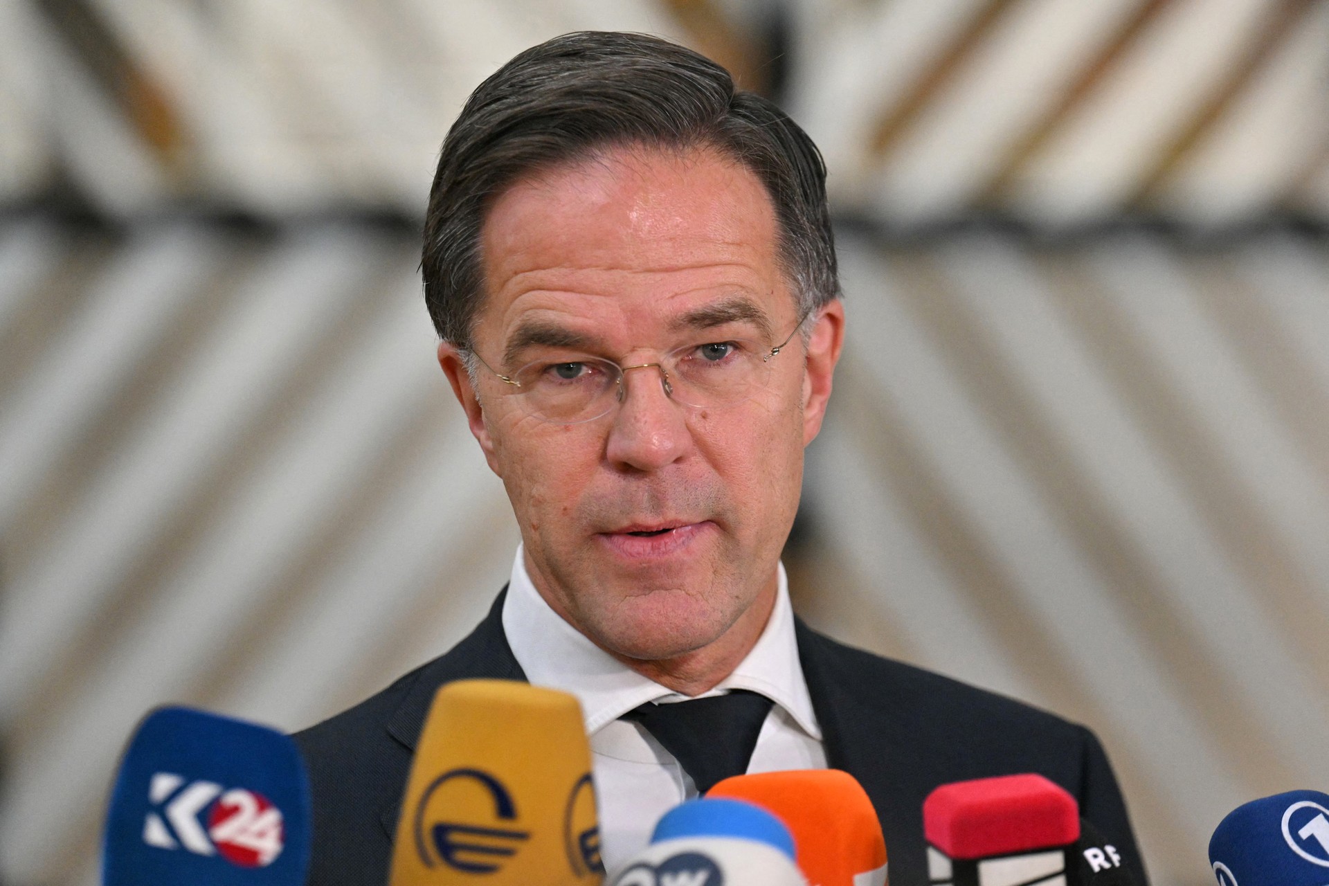 North Atlantic Treaty Organization (NATO) Secretary General Mark Rutte speaks to the press as he arrives for a meeting of EU Defence Ministers in Brussels on November 19, 2024. (AFP Photo)