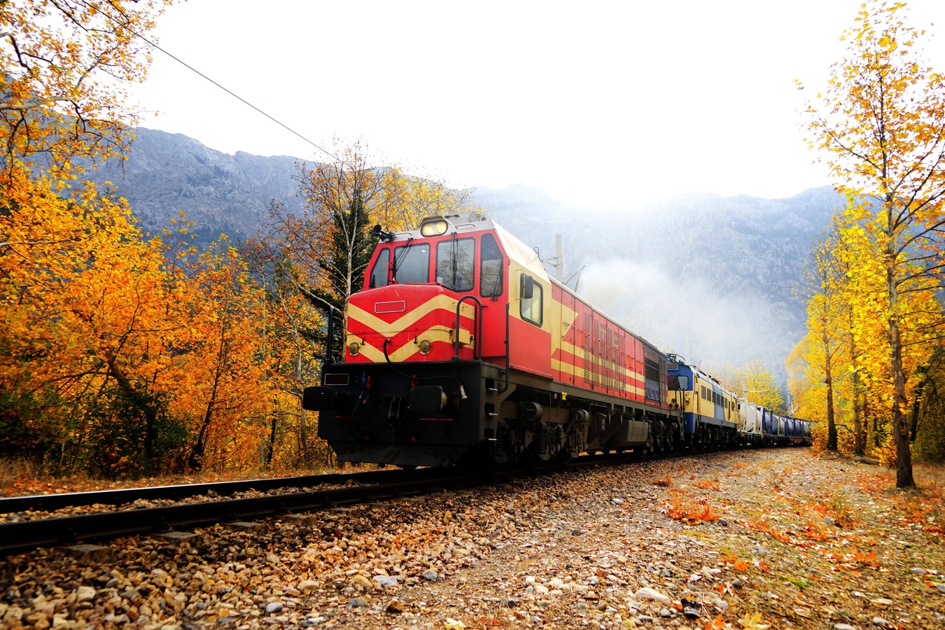 Passenger train on countryside landscape in between colorful autumn leaves and trees in forest of Mersin, Türkiye. (Adobe Stock Photo)