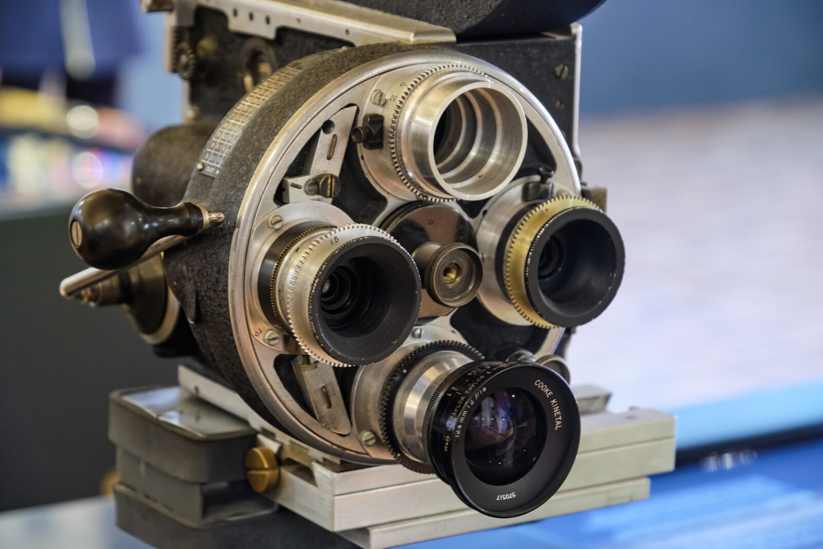Close up detail shot of a Bell And Howell Type 2709 camera with Cooke Kinetal lens mounted, displayed at Istanbul Cinema Museum, Istanbul, Türkiye, July 8, 2021. (Adobe Stock Photo)